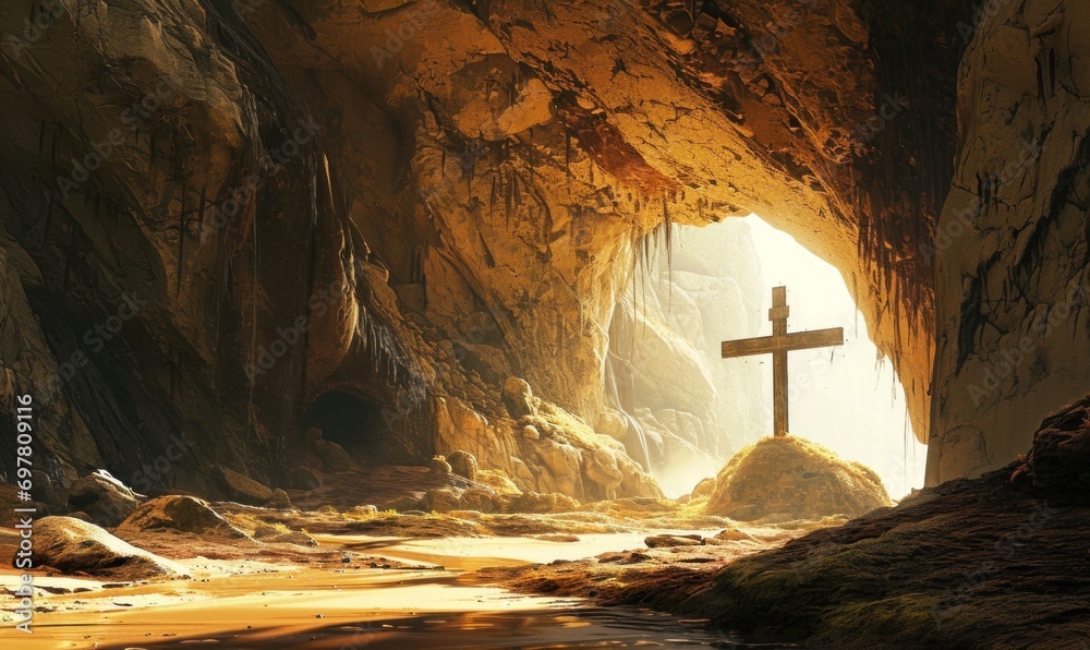 jesus's crucifix in the cave at sunrise - obrazy, fototapety, plakaty 