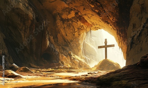 jesus's crucifix in the cave at sunrise