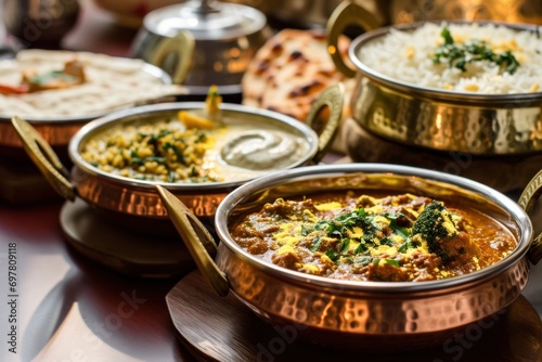 several dishes of indian cuisine in copper bowls on wooden photo