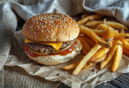 french fries are placed on a paper and cheeseburger