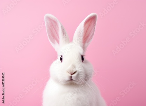 adorable tan and white rabbit on pink background bunny © olegganko