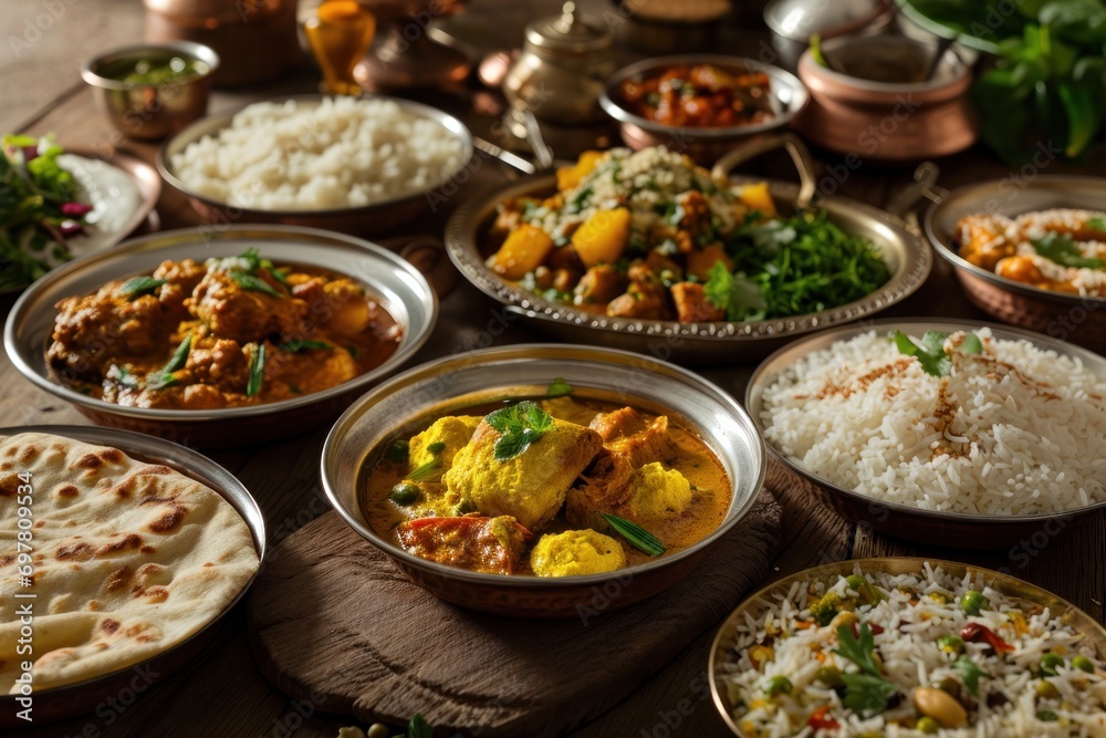multiple dishes of indian cuisine on wood - obrazy, fototapety, plakaty 