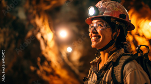 Latin American woman underground mining worker portrait 