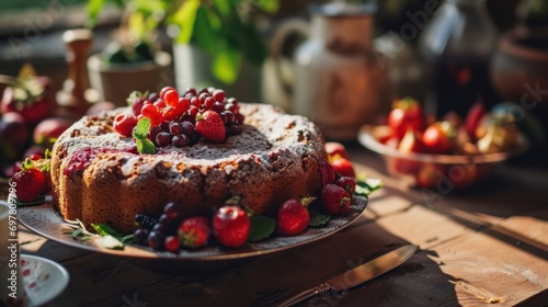 Homemade rustic fruits cake on a table