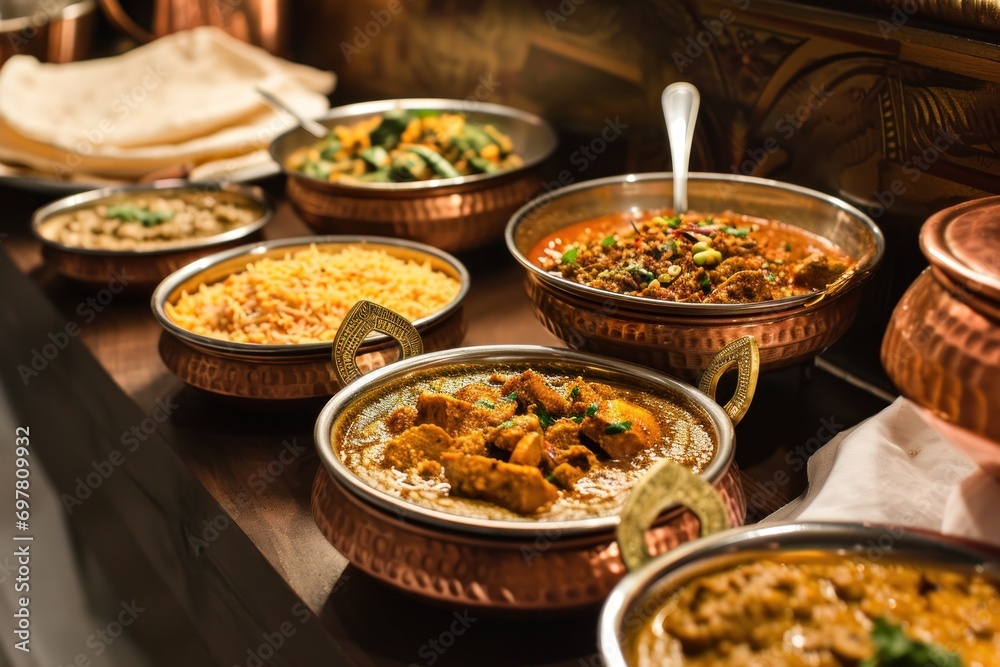 several dishes of indian cuisine in copper bowls on wooden several dishes of indian cuisine in copper bowls on wooden