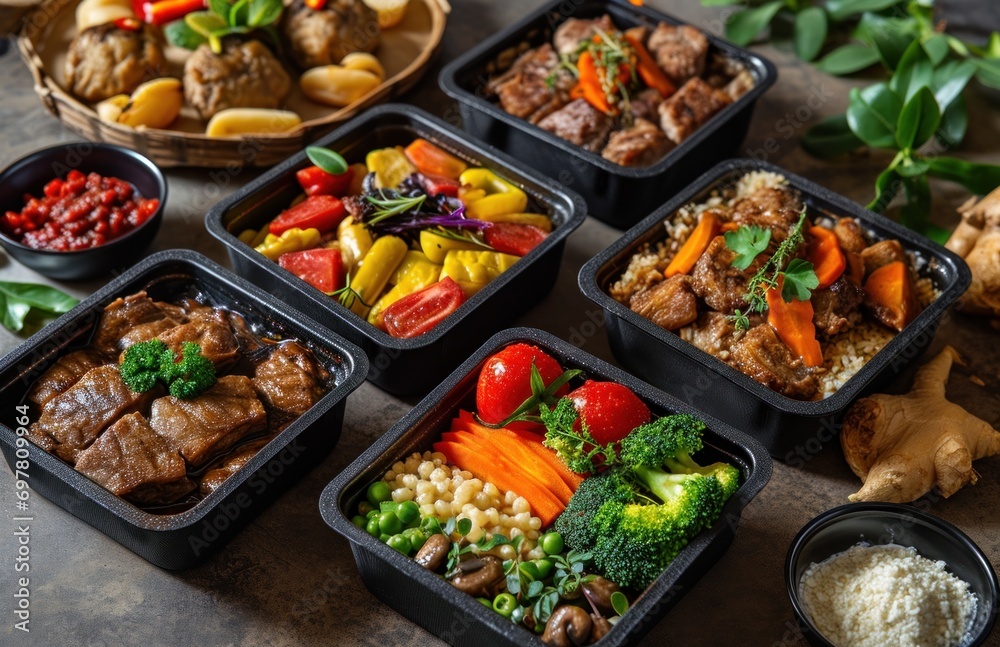 five different meal boxes with different types of meat