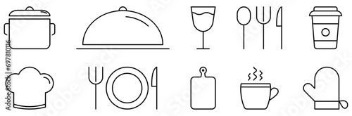 Set of cutlery icons. Food icons. Pot, tray, wine glass, knife, fork, spoon, cup, chef hat, cutting board and oven mitt. Vector illustration