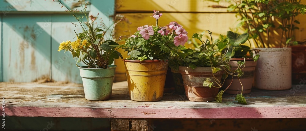 garden supplies, plants, flowers on a wooden bench