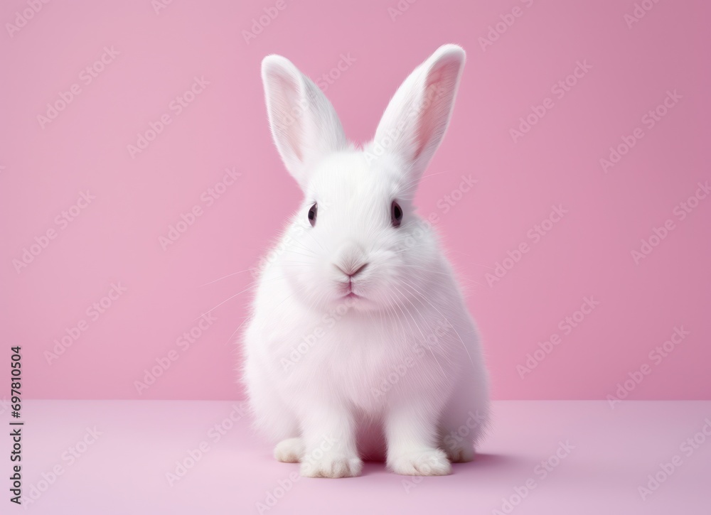 Fototapeta premium adorable tan and white rabbit on pink background bunny