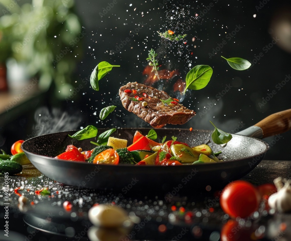 frying pan with steak and veggies flying frying pan with steak and veggies flying