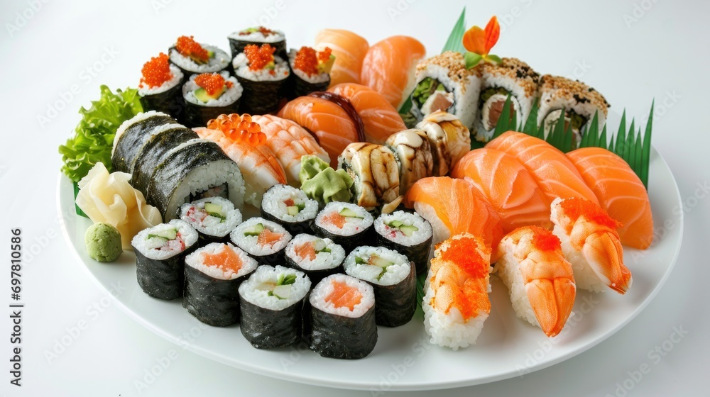 Assorted sushi rolls and sashimi on a platter Assorted sushi rolls and sashimi on a platter