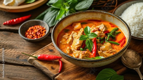 Thailand tradition red curry with beef,pork or chicken menu in thai photo