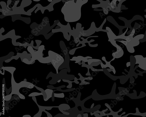 Camouflage Abstract Repeat. Black Camo Print.  Seamless Print. Camo Woodland Paint. Fabric Black Texture. Digital Dark Camouflage. Seamless Vector Camoflage. Army Dirty Canvas. Gray Vector Pattern.
