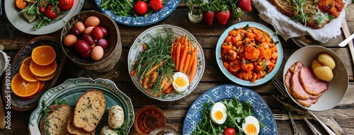 many plates of easter eggs, carrots, ham photo