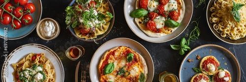 Full table of italian meals on plates Pizza  pasta  ravioli