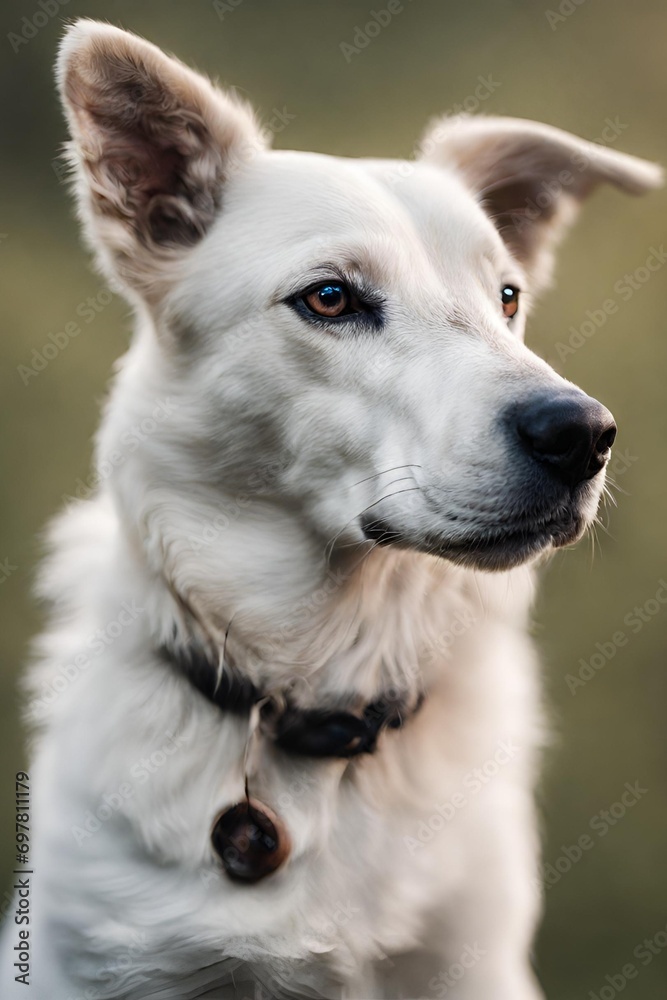 Close up portrait of a white Swiss Shepherd dog looking at the camera