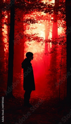 Portrait of a silhouette forrest red light ambeance, dark, red