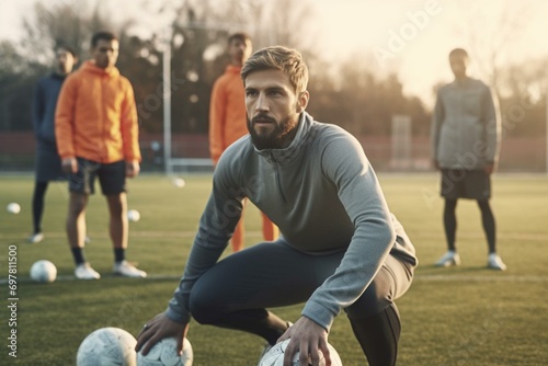 Determined soccer trainer leading intense training session on amateur field, generative ai photo