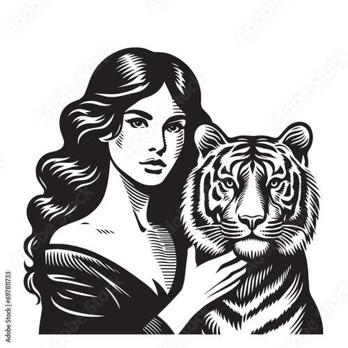 Beautiful brunette woman with a tiger. beautiful simple engraving illustration in a modern style.