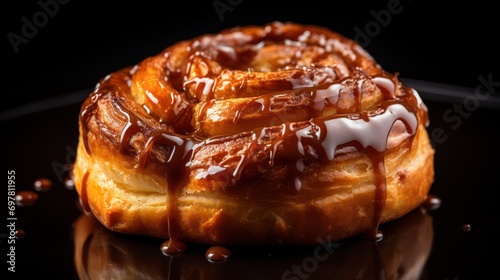  a close up of a doughnut with icing on a black surface with drops of chocolate coming out of it.
