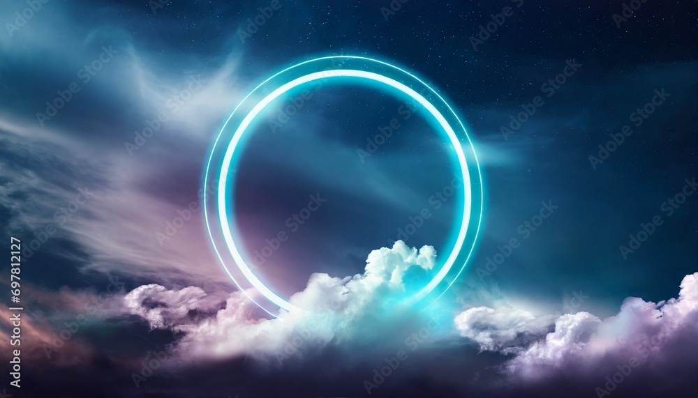 Abstract cloud illuminated with neon light ring on dark night sky.
Abstract cloud illuminated with neon light ring on dark night sky.