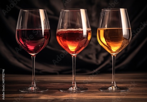 three glasses are being filled with wine,