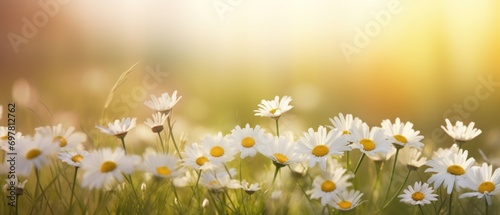 a daisy background with blur and bright white flowers © olegganko