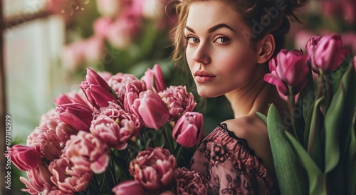 woman holding bouquet of tulips