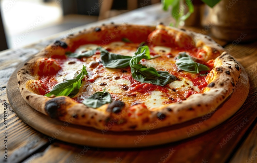 a pizza sits down on a wooden table a pizza sits down on a wooden table