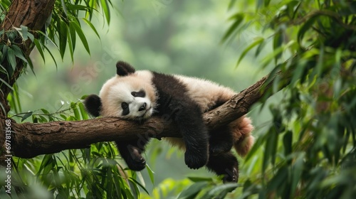 A baby panda napping on a tree branch photo
