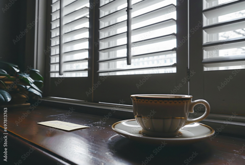 a coffee cup and note on the window sill