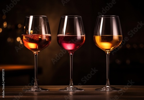 three glasses are being filled with wine,