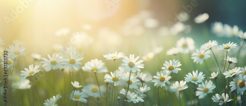 a daisy background with blur and bright white flowers © olegganko