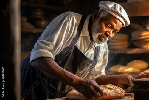 Portrait of a baker preparing dough in a rustic bakery
