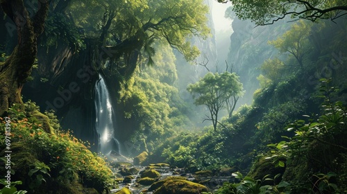 a forest on a waterfall
