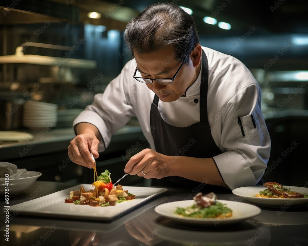 Chef plating dish in a professional kitchen for fine dining Chef plating dish in a professional kitchen for fine dining