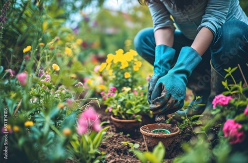 woman with gardening gloves sitting in garden and watering