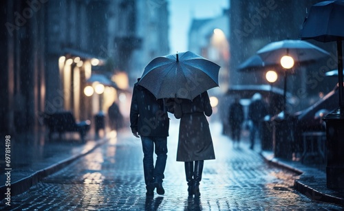 two people walking down the street holding umbrellas