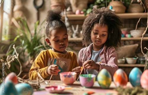 two children are painting easter with little easter bunny theme