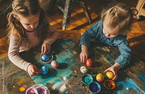 two children are painting easter with little easter bunny theme