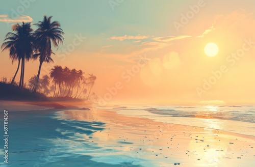 a picture of a beach with palm trees and the sun out © olegganko