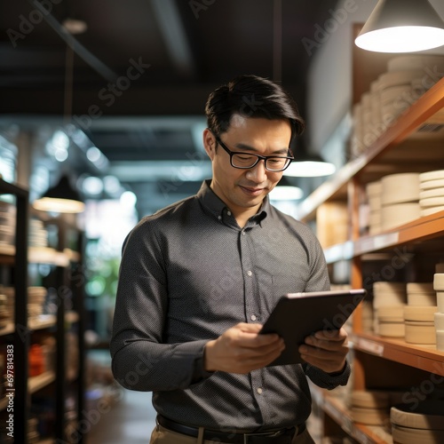 Asian man using a tablet in a bookstore possibly for inventory management or shopping