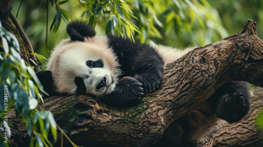 Obraz premium A baby panda napping on a tree branch