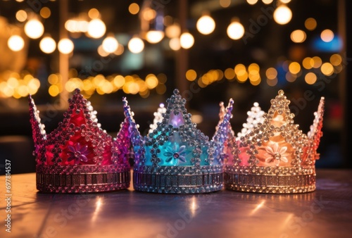 3 colourful glittery crowns sitting on top of a table