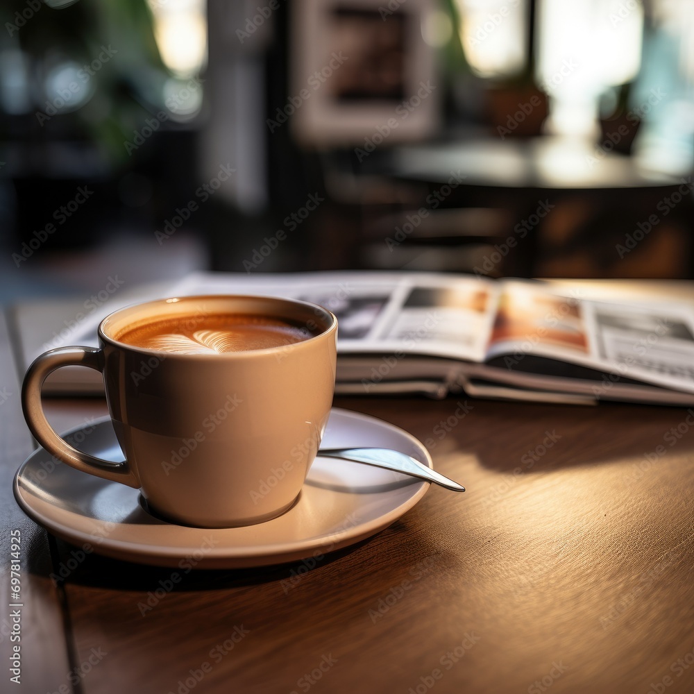 Coffee cup on table with open magazine in a cozy cafe setting