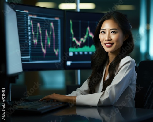 Professional woman working at a computer with financial data on screens