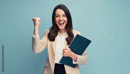 young happy business woman holding file celebrating with fist gesture . ai generated