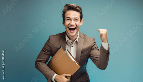 young, happy business man holding file smiling with fist gesture . ai generated photo