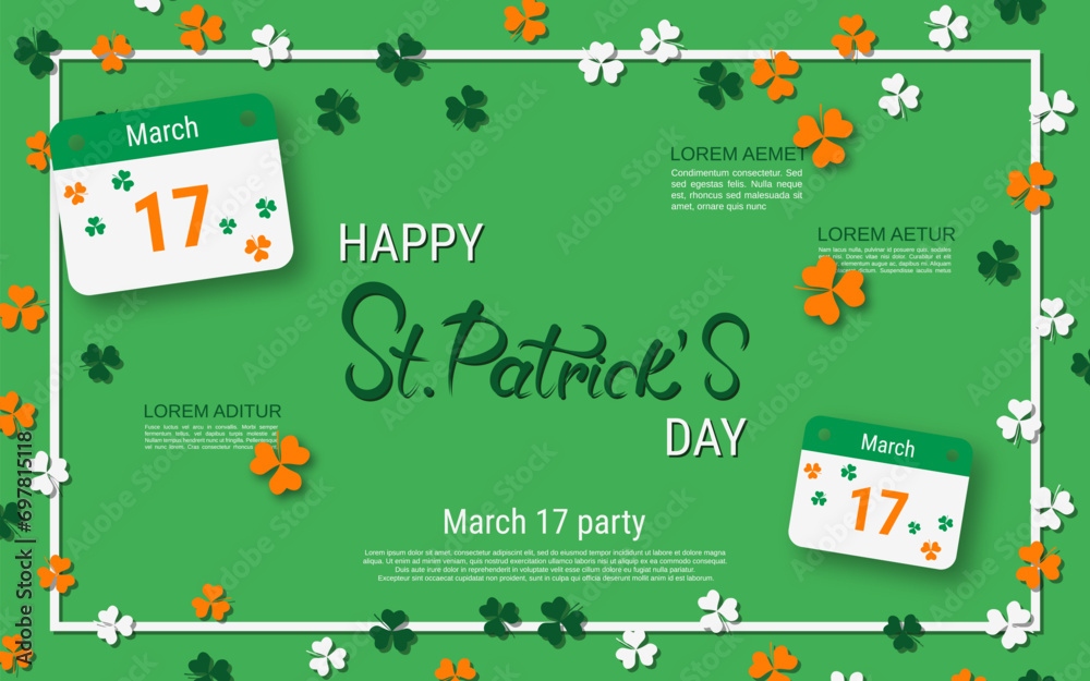 Naklejka premium St.Patrick's Day vector illustration. Green background with colorful clover leaves and frame