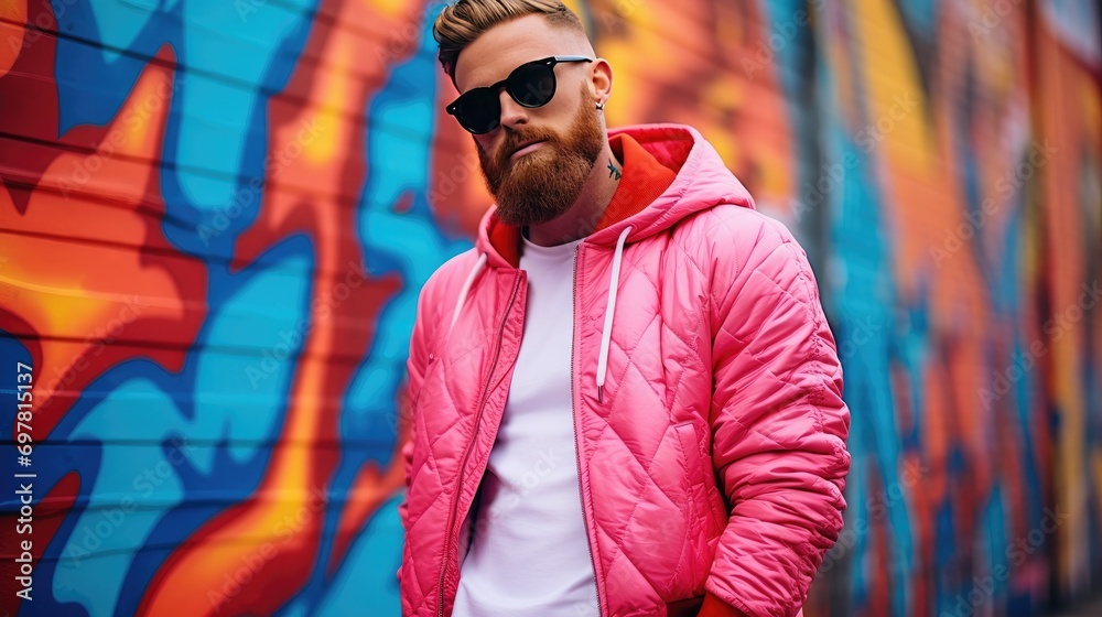 Stylish man in pink jacket against graffiti wall